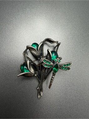 Vintage Danny Pollak Green Dragonfly Floral Brooch #64sb